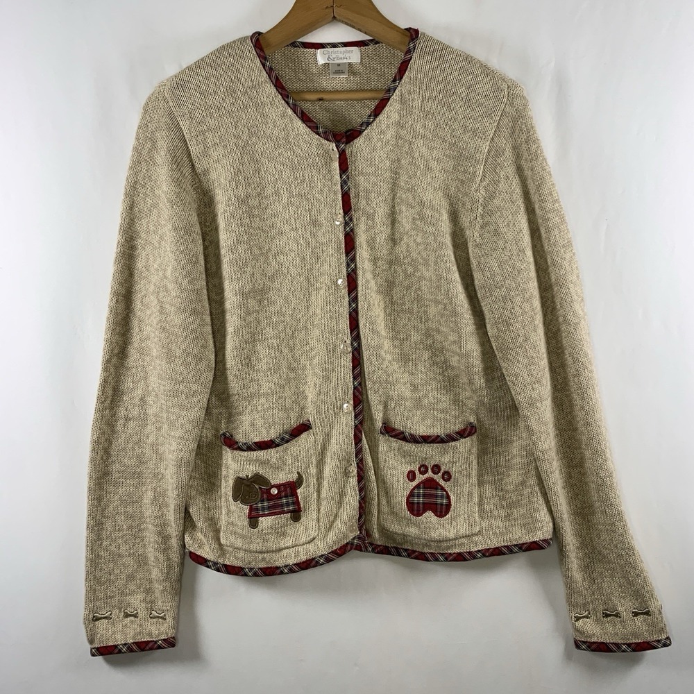 VTG Womens Novelty Dog Cardigan Sweater Sz‎ M Cottage Cotton Ramie Hong Kong 00s